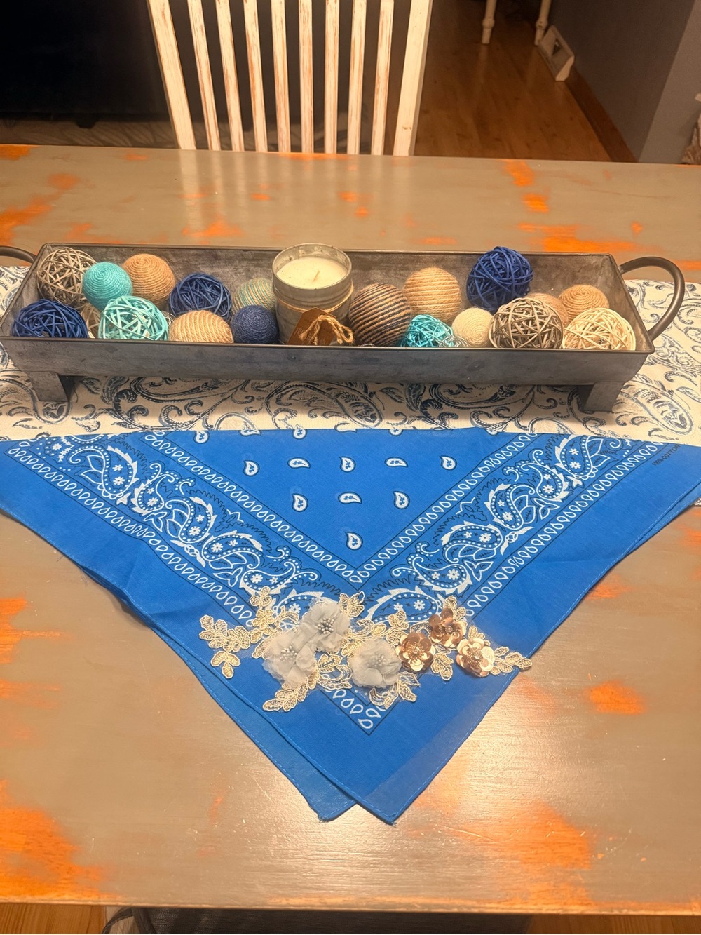 Aratta Bright Blue Paisley Bandana Scarf with Floral Appliqué